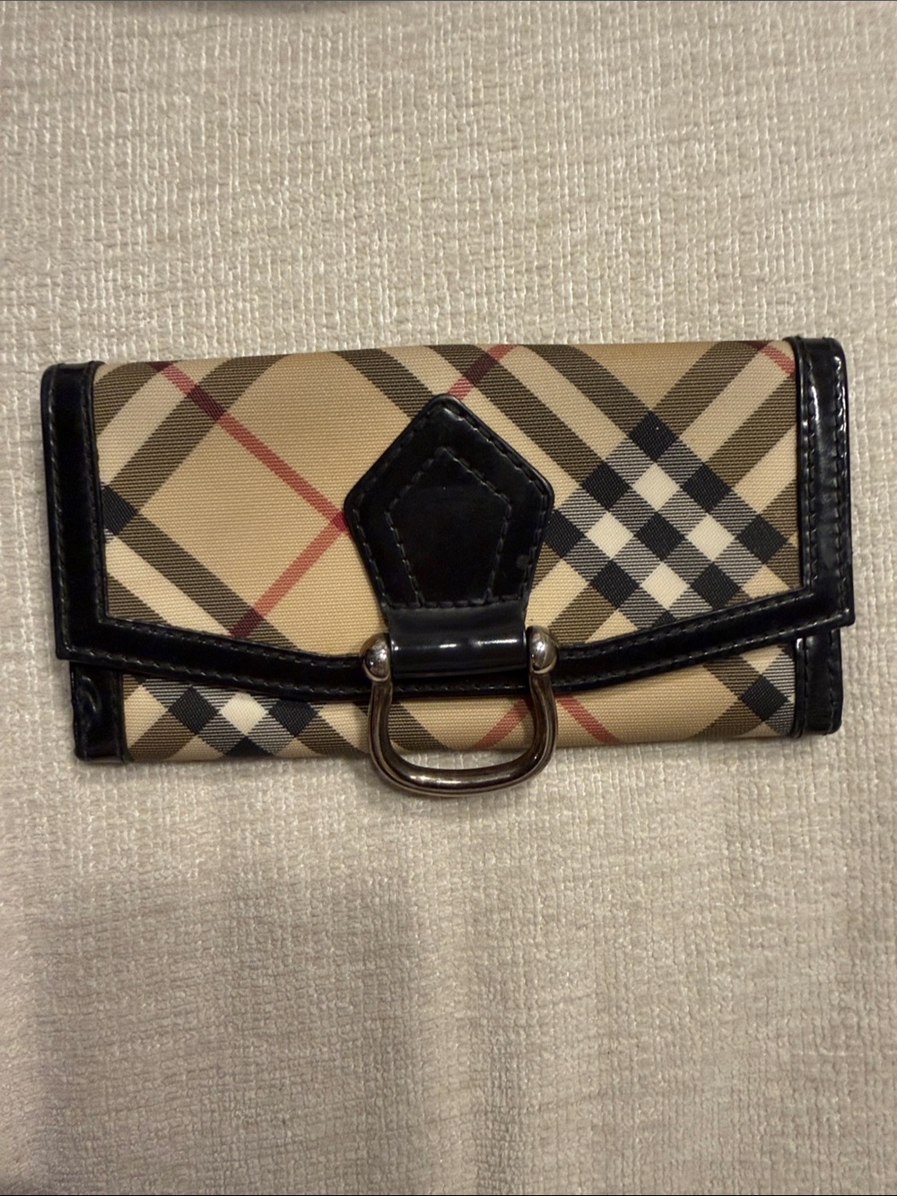 Burberry Beige Check Wallet with Black Trim and Metal D-Ring